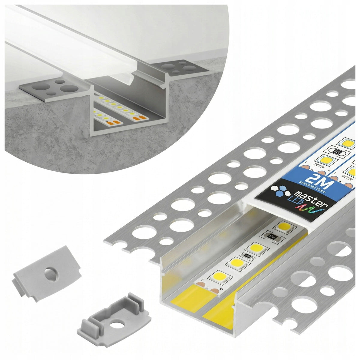 Profil Aluminiowy LED 2m Wpuszczany Do Płyt GK Gipsowych 20mm Regips klosz listwa oświetleniowa na taśmę świetlną