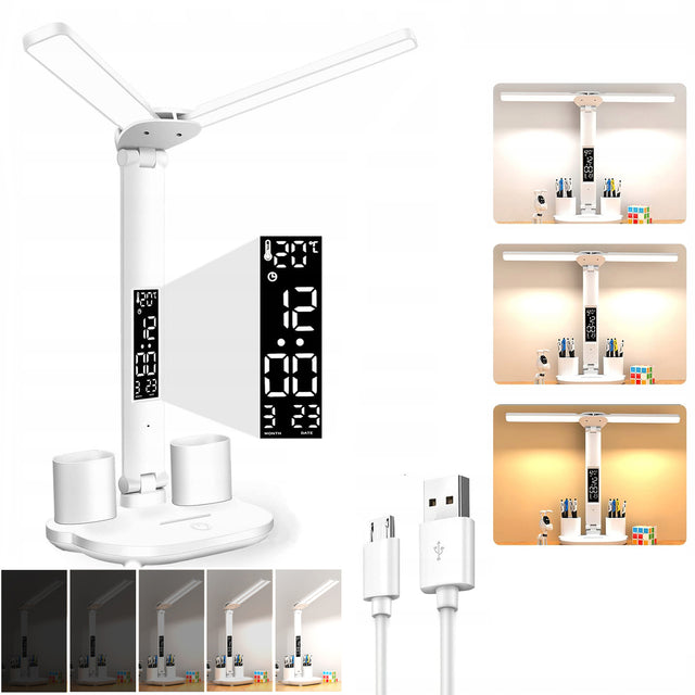 Podwójna lampka biurkowa LED z wyświetlaczem zegar data organizer temp 6w1 lampa stołowa do pracy i nauki, kalendarz, termometr, biała, sieciowa