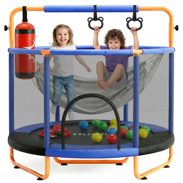 Trampolina dla dzieci domowa z siatką ochronną czarno-pomarańczowa batut okrągły 140 cm, 36 sprężyn, udźwig 199 kg, wysokość 168 cm