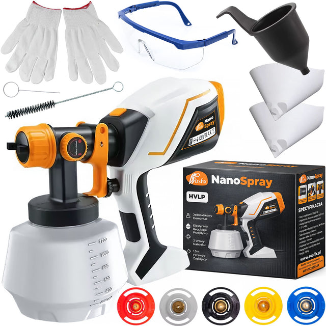 Pistolet natryskowy rosfix nanospray hvlp 1000W 1200ml do malowania ścian elektryczny rozpylacz farby 230V, 30 bar, zbiornik 1,2 l