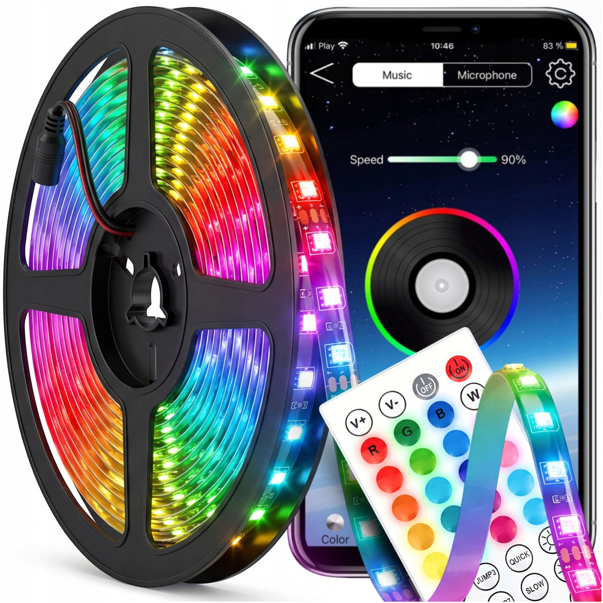 Taśma LED RGB 5m ledy 5050 listwa 230V 12V kolorowa na pilota + aplikacja oświetlenie dekoracyjne do wnętrz