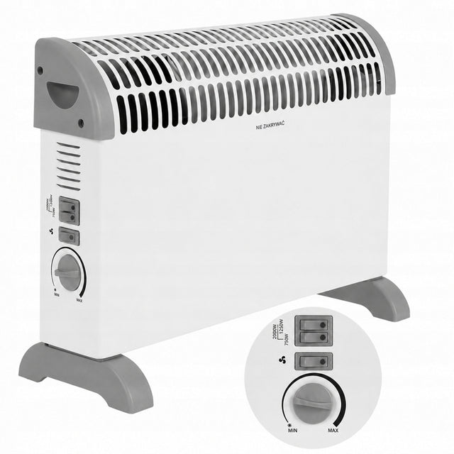 Grzejnik elektryczny konwektorowy termostat 3 tryby 750W 1250W 2000W nawiew 520 mm 390 mm grzewcza biały