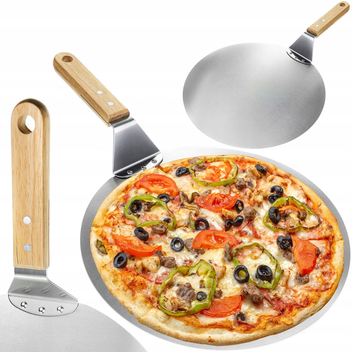 Forma do pizzy blacha okrągła łopatka z rączką duża stal nierdzewna blacha do pizzy 49 cm 30.5 cm metal z 411 sztuk