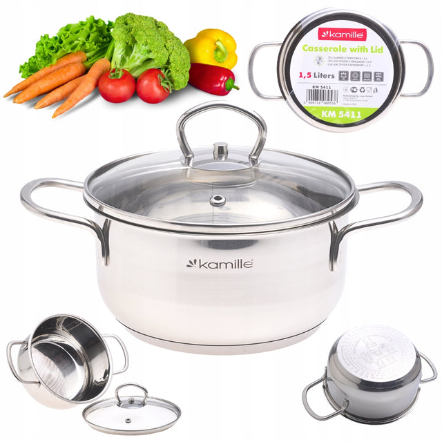 Garnek tradycyjny stalowy 1,5 L z pokrywką GAZ indukcja kamille Rondel 16 cm do gotowania, kuchenka ceramiczna i elektryczna, do zmywarki