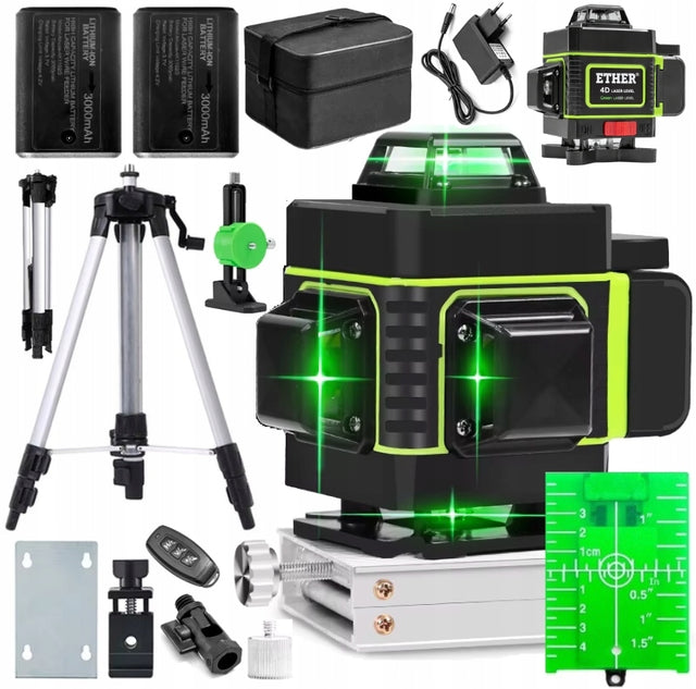 Poziomica laserowa 16 linii laser krzyżowy + statyw 150 CM +2AKU zestaw XXL zielony niwelator 360° do prac remontowych i montażowych, zasięg 30 m
