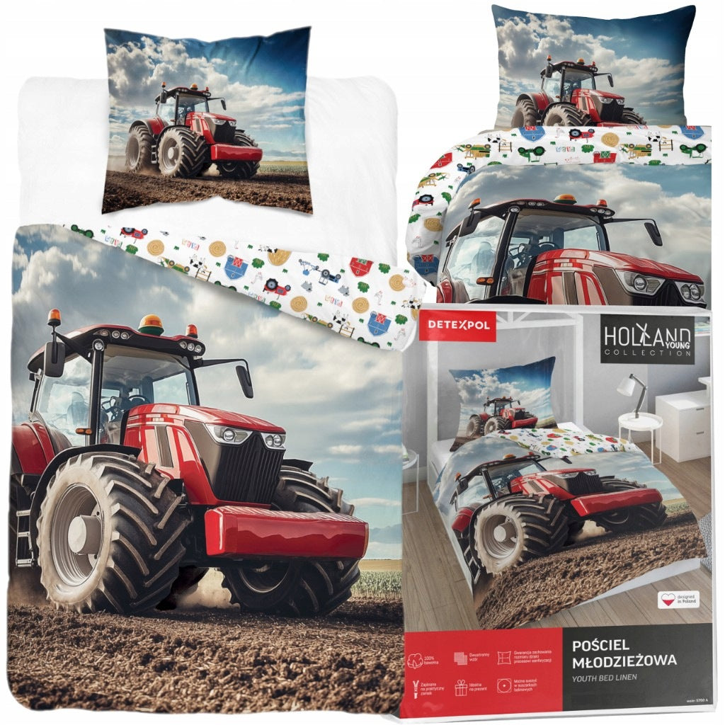 Pościel młodzieżowa 160X200 CM komplet pościeli traktor wieś farma pole bawełniana poszwa i poszewka 70x80, 2 części