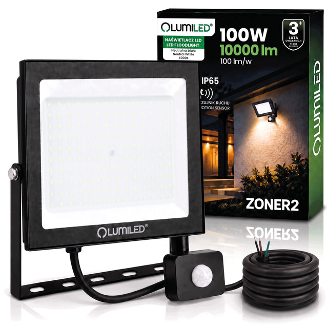 Naświetlacz LED Halogen 100W Zewnętrzny Reflektor Lampa z Czujnikiem Ruchu oświetlenie ogrodowe do podjazdu, 4000K, IP65, 10000 lm