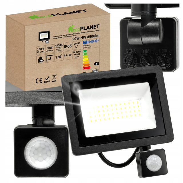 Halogen LED 50W 4500lm Lampa z Czujnik Ruchu Zmierzchu Naświetlacz IP65 reflektor zewnętrzny 4500K światło neutralne do ogrodu
