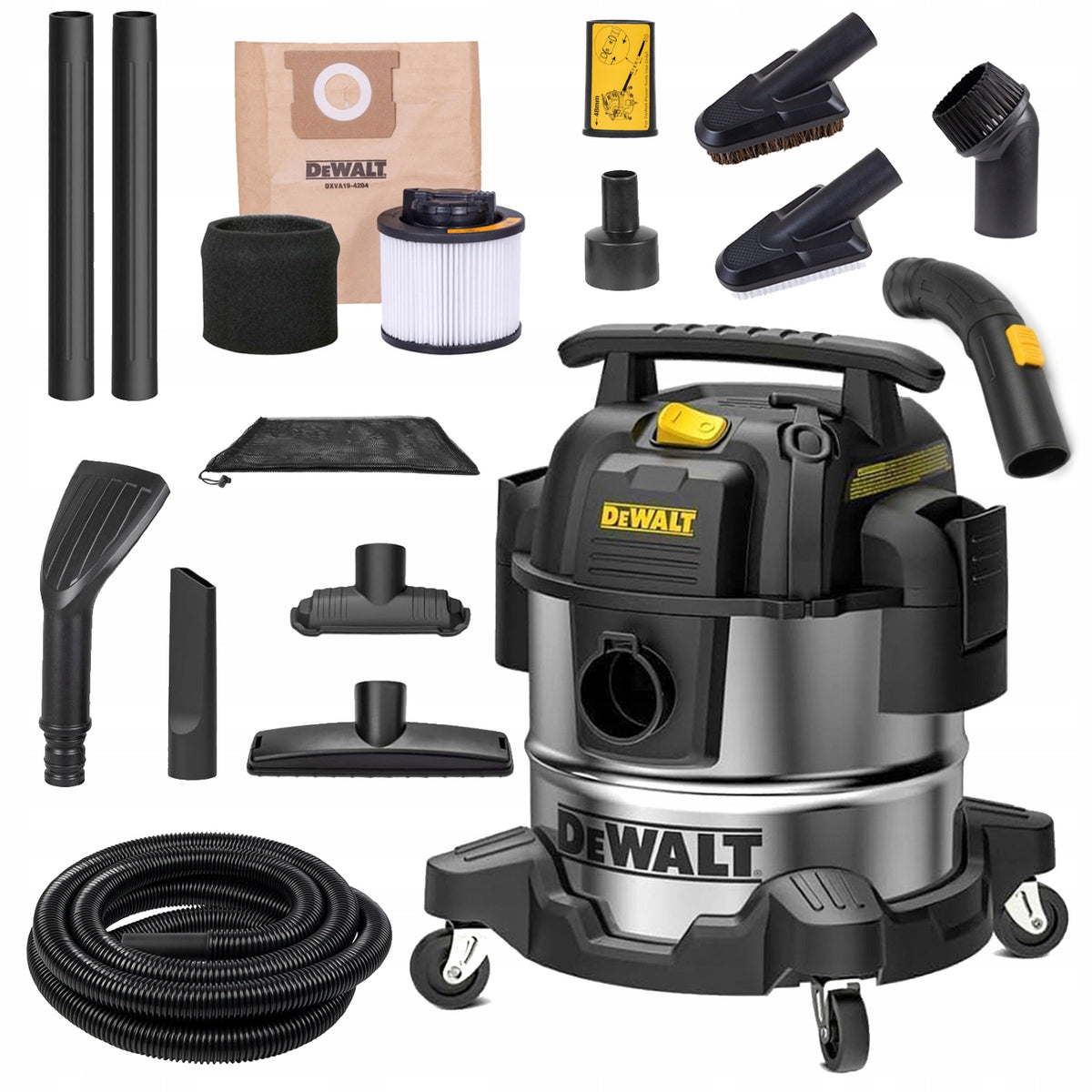 Dewalt odkurzacz przemysłowy bezworkowy inox + mega SET do czyszczenia auta warsztatowy, garażowy, zbiornik 20 l, moc