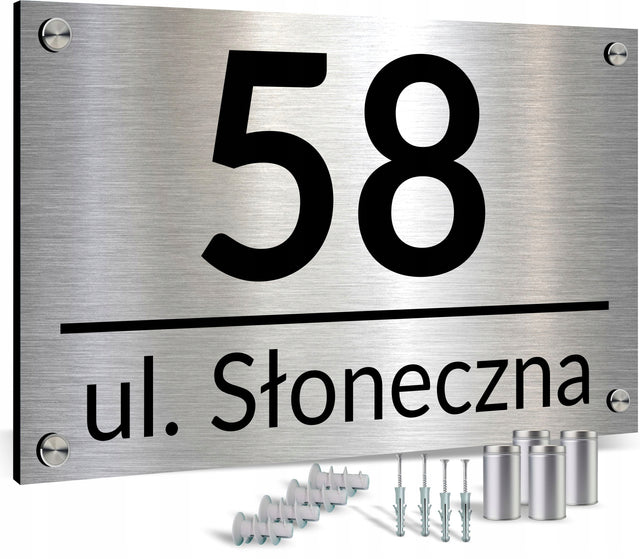 Tabliczka z numerem na dom tablica adresowa aluminiowa numer domu dystanse szyld posesji, oznaczenie budynku, srebrny, 32x21 cm
