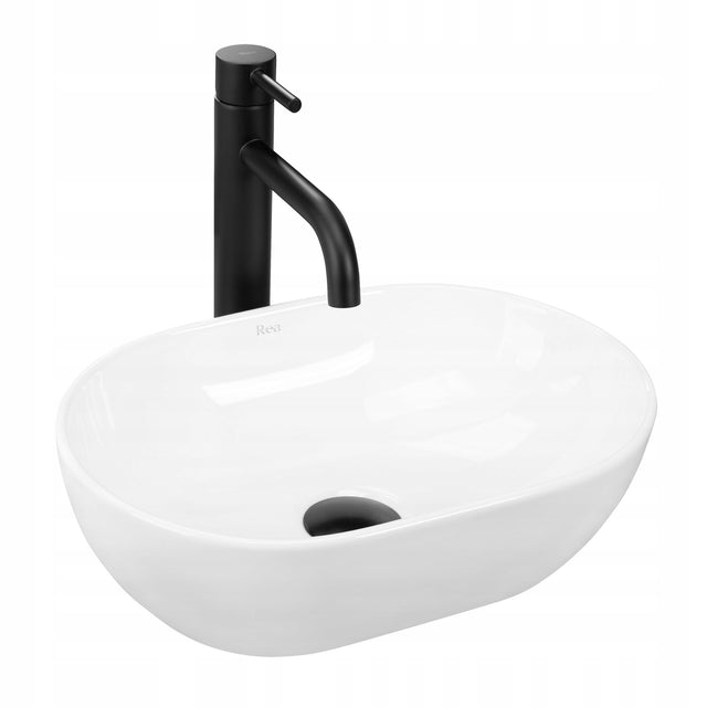 Umywalka nablatowa mała owalna biała do WC REA amelia mini na blat ceramiczna misa łazienkowa bez otworu na baterię 37 × 26 cm
