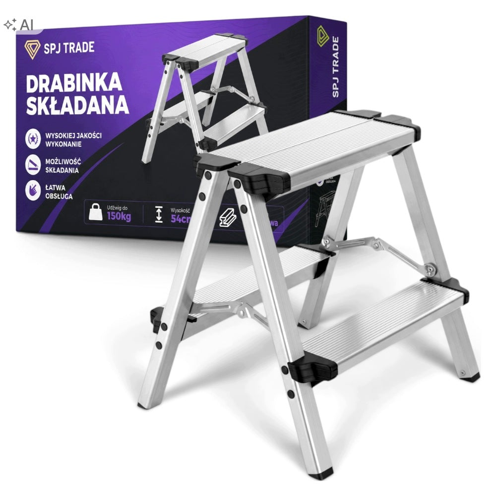 Drabina domowa stołek 2x2 stopnie Aluminiowa dwustronna 150 kg podest 54 cm schodki do prac domowych, wysokość robocza