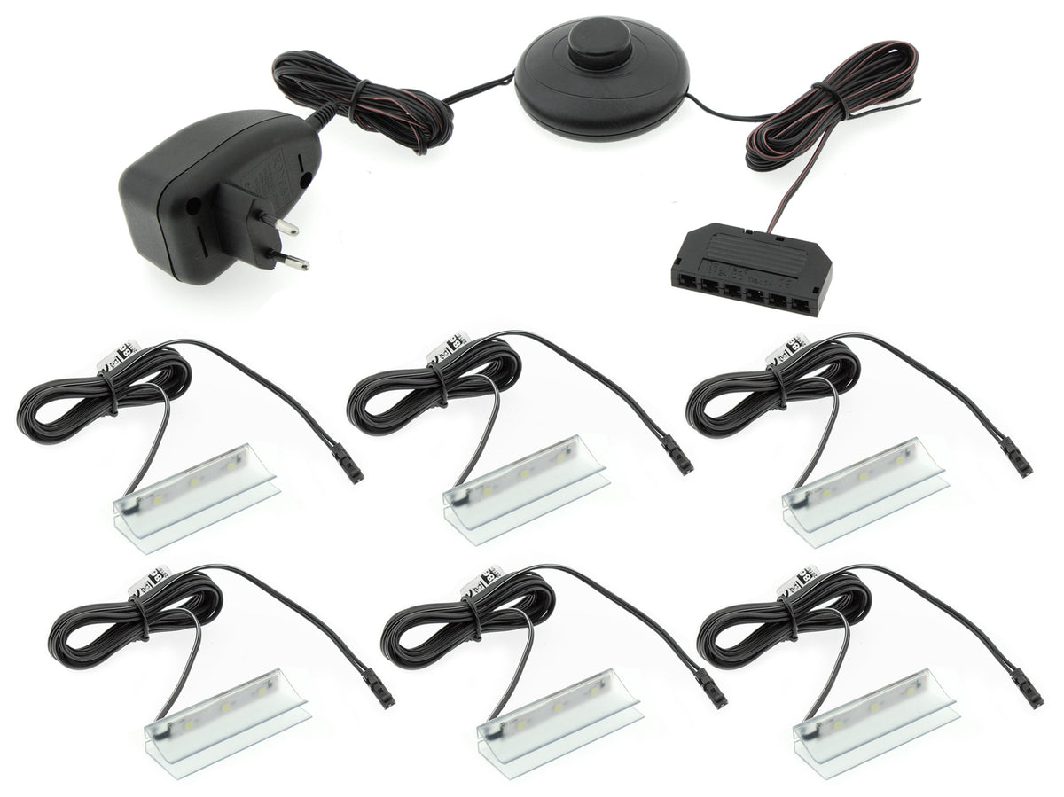 KPL.6x Klips PCV LED do szklanej półki +zasilacz oświetlenie witryn meblowych 12V DC, podświetlenie ekspozycji