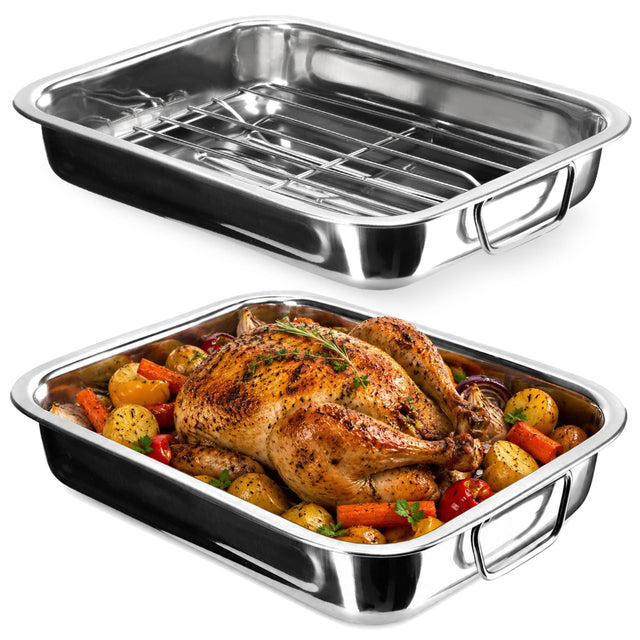 Blacha z rusztem brytfanna do pieczenia kurczaka RYB forma stal kratką 40cm roaster, naczynie metalowe na mięso i warzywa, pojemność 8,5 l