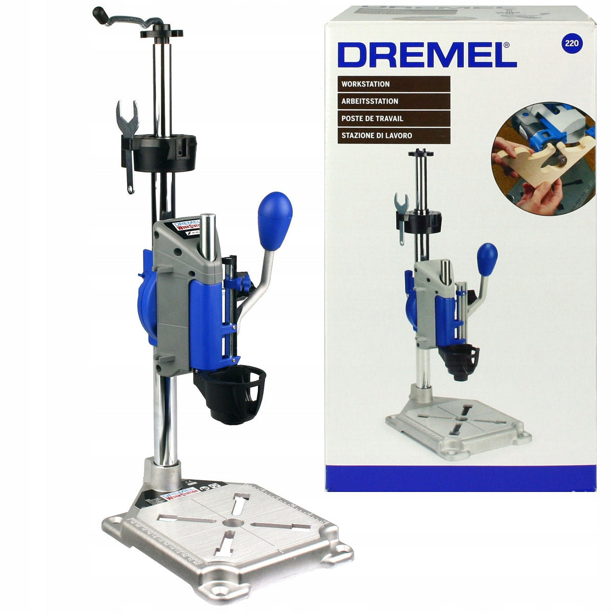 Stojak wiertarski WORKSTATION 220 DREMEL przystawka do miniszlifierki, wiercenie pionowe i pod kątem, uchwyt narzędzia