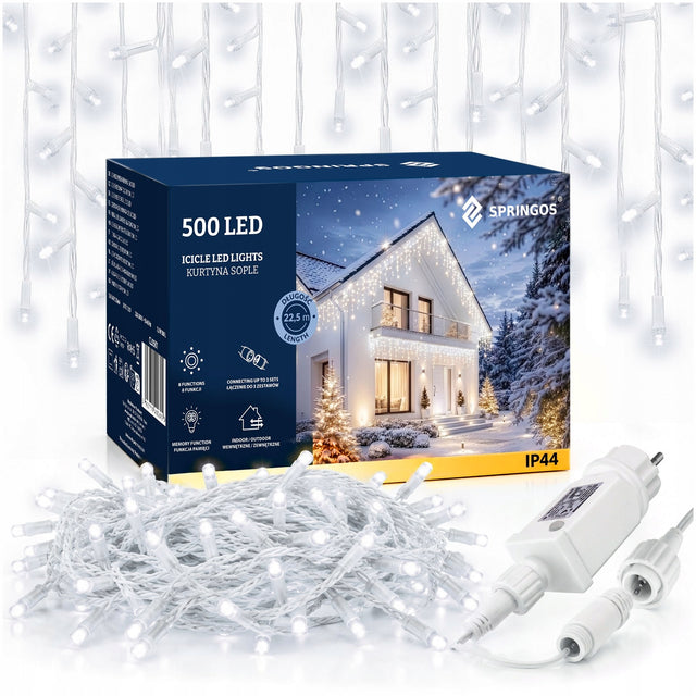 Lampki zewnętrzne sople 500LED 22,5m zimne białe grube kurtyna świąteczne kurtyna świetlna 10,5 cm