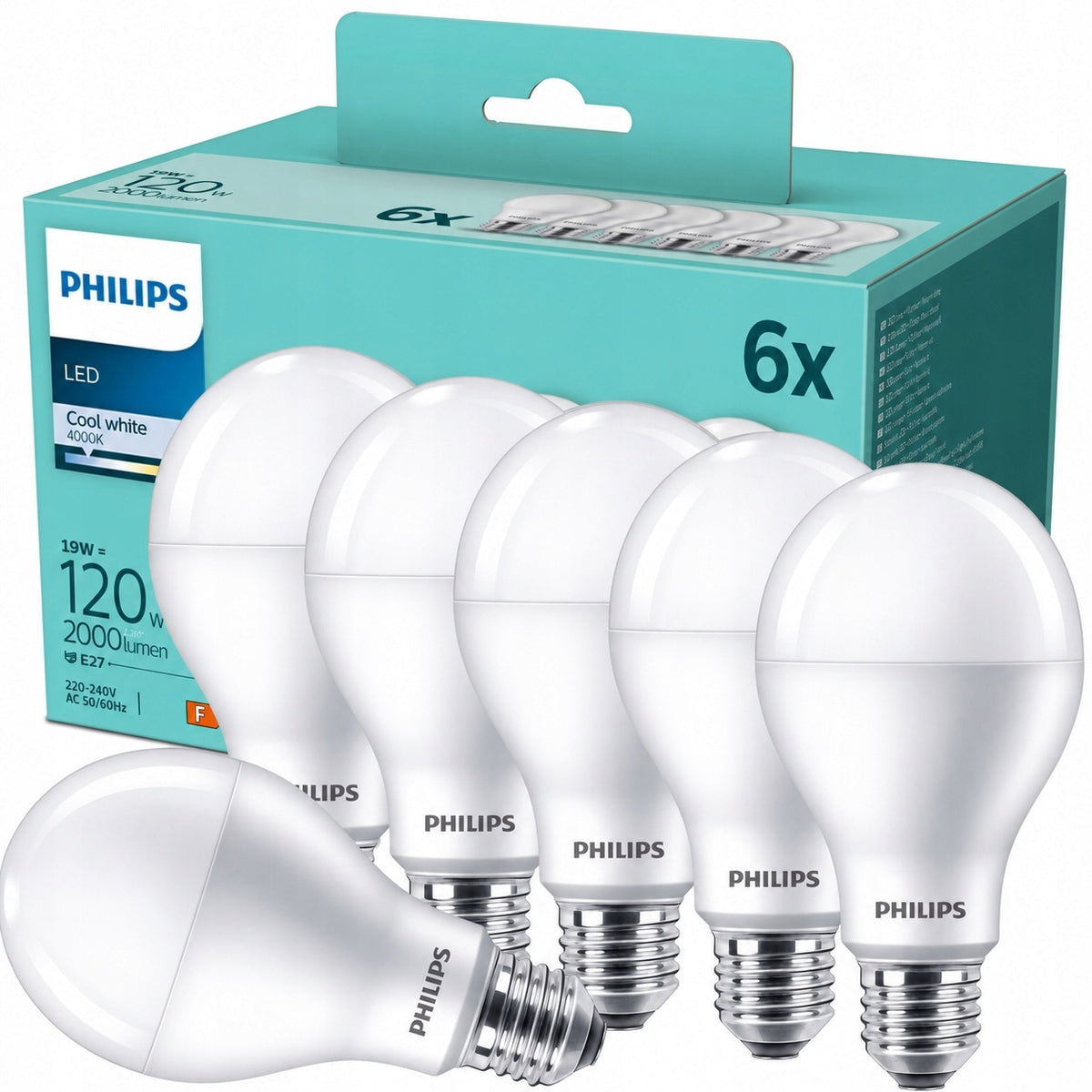 6x Żarówka LED E27 philips A68 19W = 120W 2000lm 4000K neutralna mocna źródło światła do lamp, klasyczny kształt, białe
