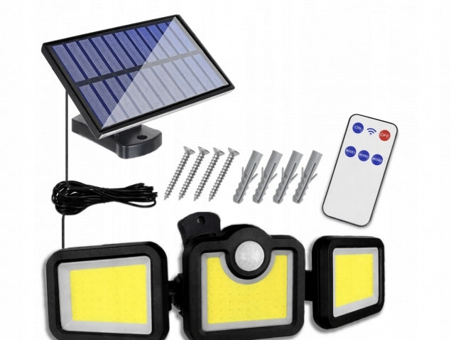 Lampa solarna LED COB 3W1 czujnik ruchu pilot panel zewnętrzny mocna reflektor naświetlacz 800 lm 6500 K zimne białe
