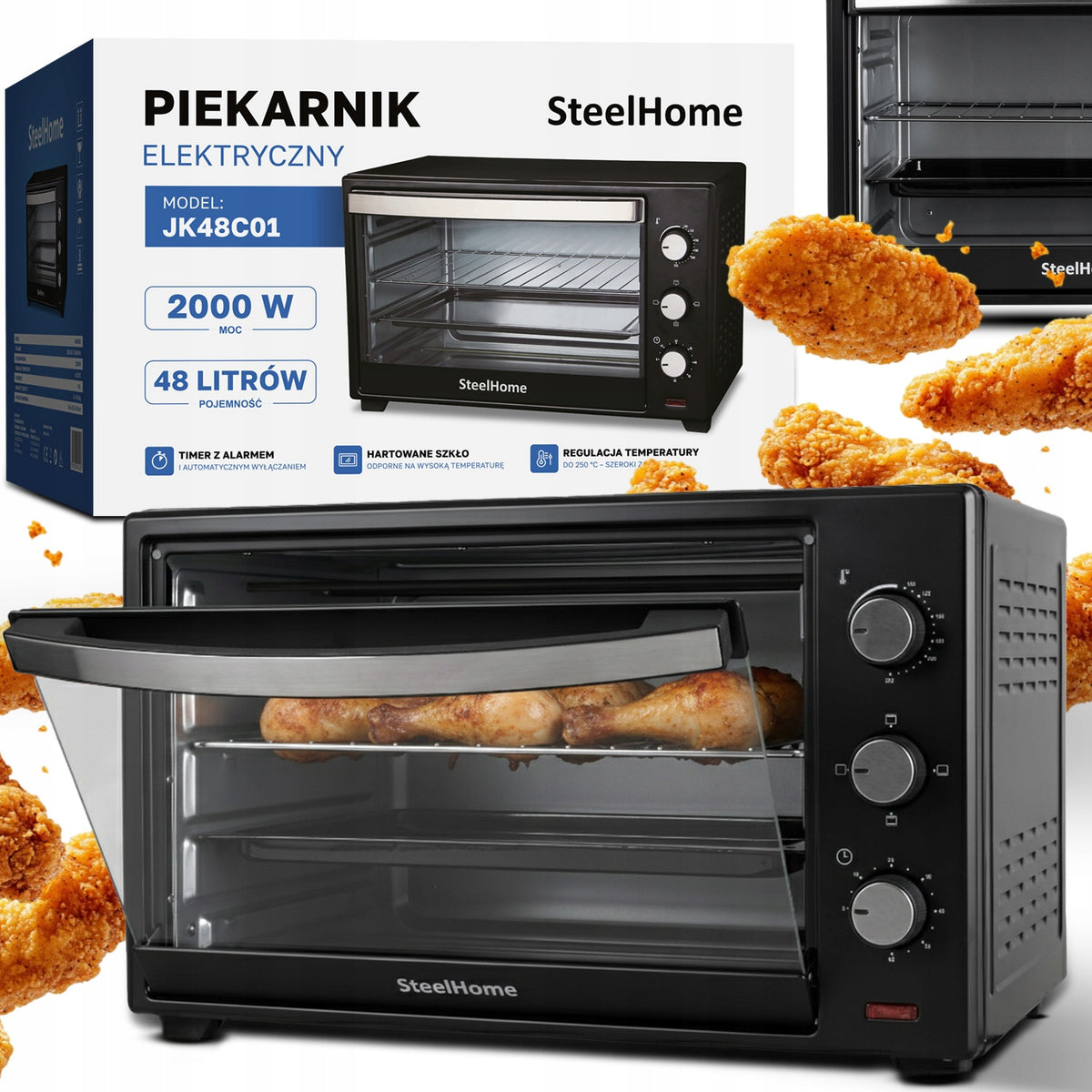 Piekarnik elektryczny wolnostojący timer ruszt 250°C 48l 2000W 3 tryby mini piekarnik 48 l 2000 w czarny