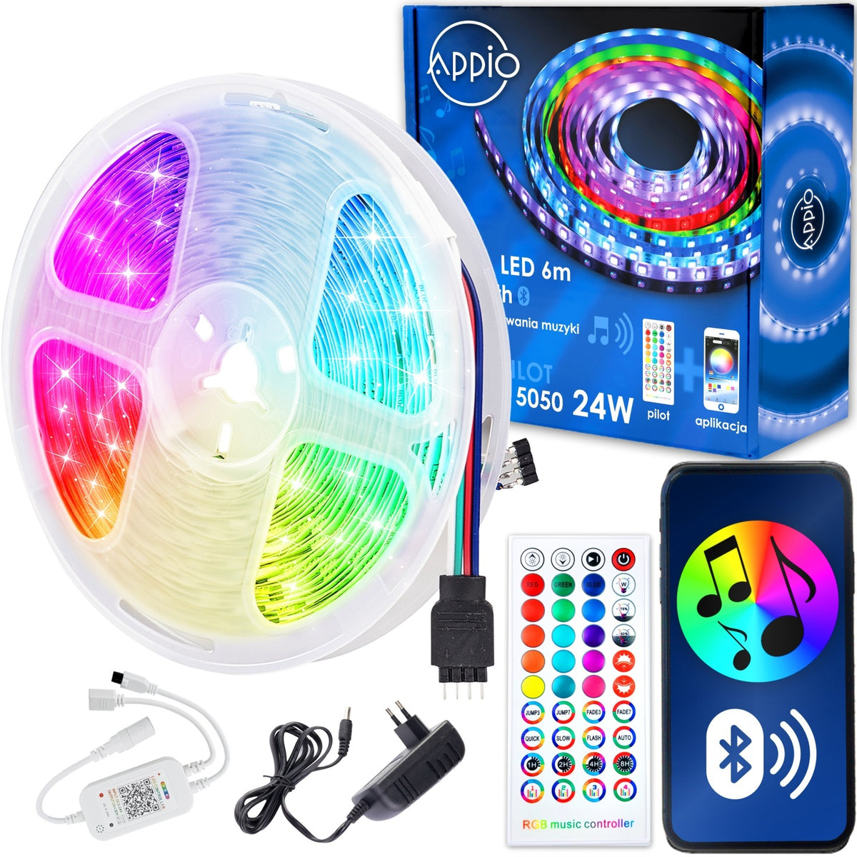 Zestaw Taśma LED RGB kolorowa 6m Bluetooth aplikacja mobilna muzyka + pilot oświetlenie dekoracyjne do salonu i