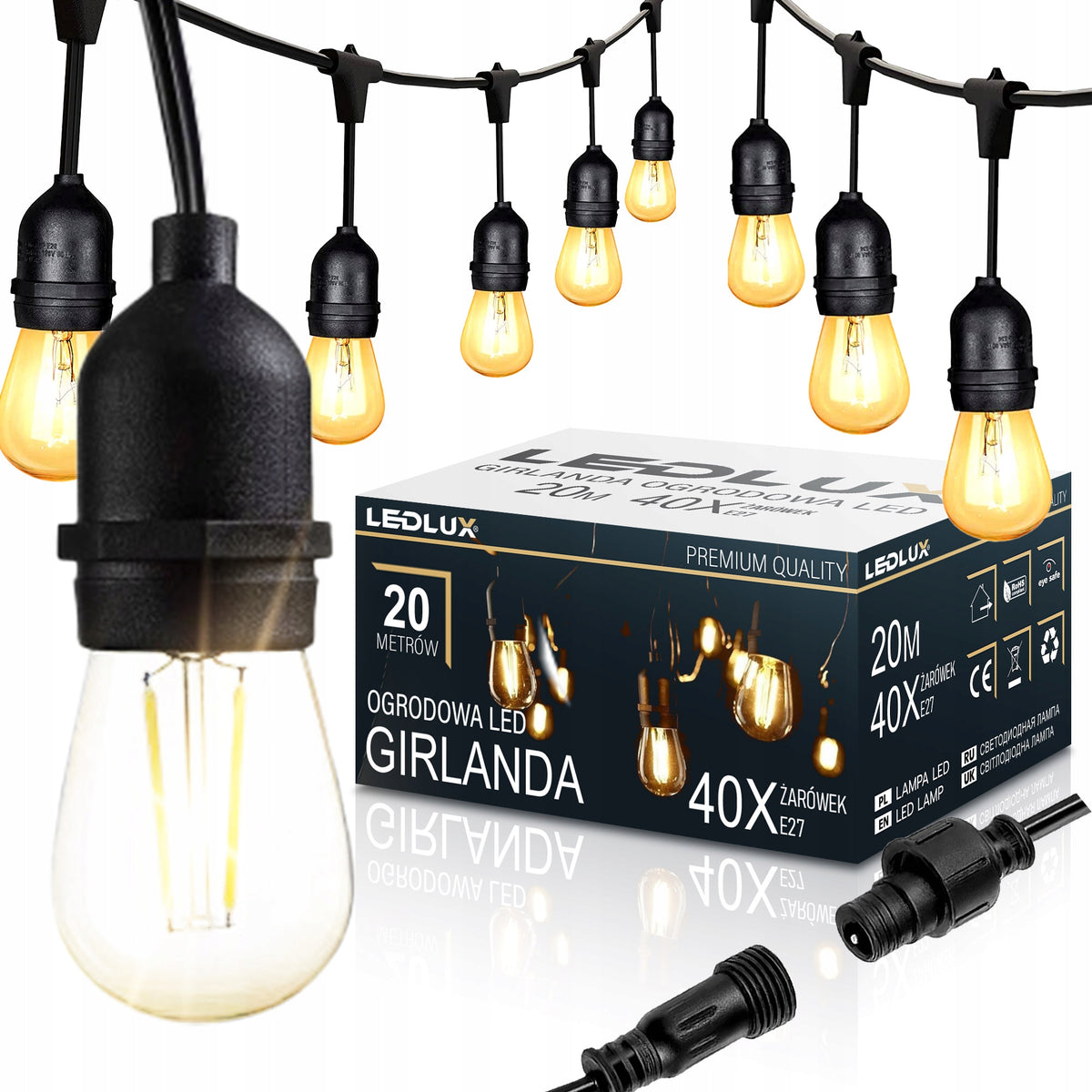 Girlanda Ogrodowa Świetlna 20M 40X Żarówka LED E27 + Przewód Wodoszczelna Sznur lamp na taras balkon altanę, kule 5 cm