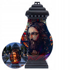 Znicz Lampion Szklany Witrażowy Jezus Chrystus Czarny Duży Premium Na Grób lampka LED, wysokość 39 cm