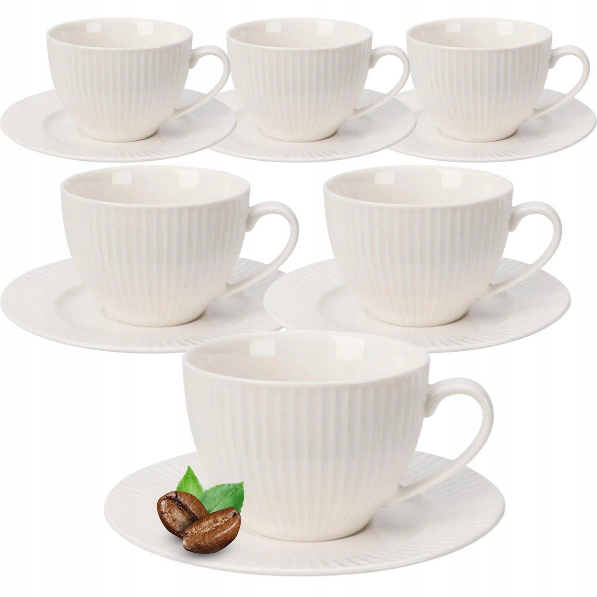 ZESTAW 6 FILIŻANEK ZE SPODKIEM 250ML BIAŁE KOMPLET 6 OSÓB + SPODEK PRĄŻEK porcelanowe do kawy i herbaty, gładkie