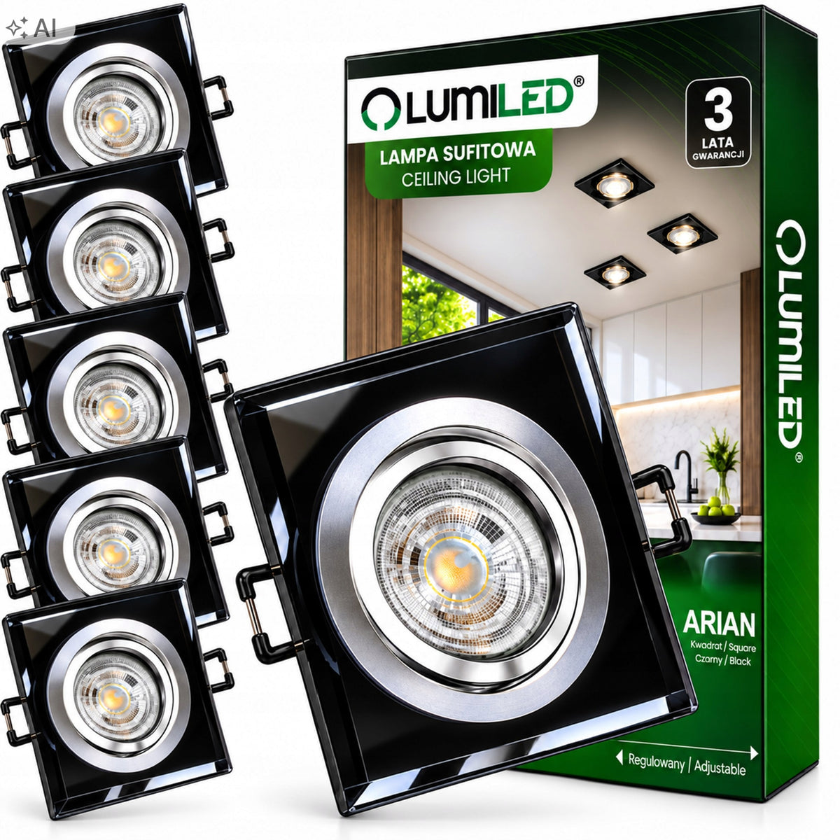 Zestaw 6x Oprawa Halogenowa Sufitowa Lampa Ruchoma Podtynkowa Oczko GU10 kwadratowa czarna ramka, otwór montażowy 65