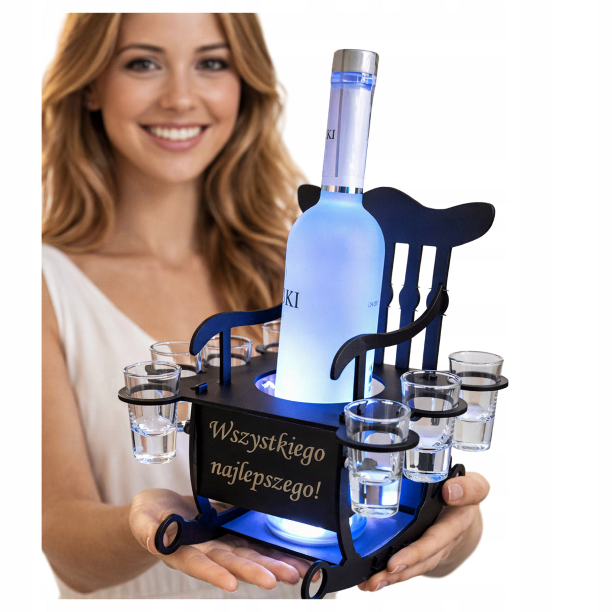 Prezent na Urodziny Emeryture Fotel Bujany na Alkohol LED Kieliszki grawer stojak na trunki, ozdoba do barku, gadżet