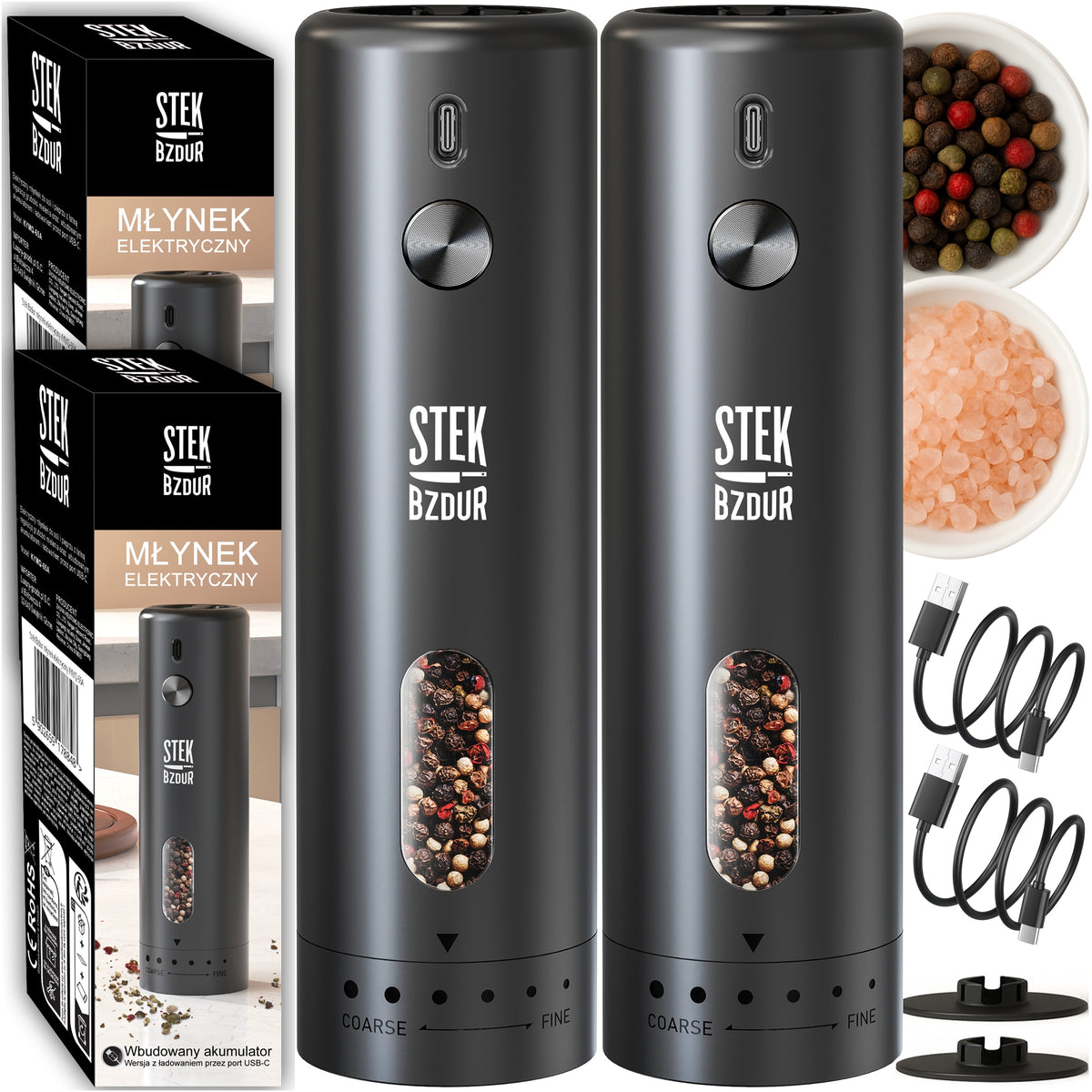 2x Elektryczny Młynek do Mielenia Pieprzu i Soli akumulator USB Ceramiczny 25 w tworzywo sztuczne mielenie przypraw