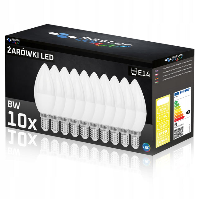 10x Żarówka LED E14 8W biały neutralny 4000K 230V premium mocna lampka świecowa 680 lm do kinkietów i żyrandoli