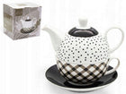 Dzbanek Filiżanka Spodek Porcelana Komplet 3w1 Imbryk do Kawy Herbaty czajniczek 320 ml, biało-czarny, można myć w