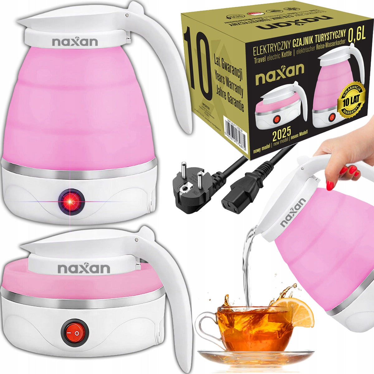 Czajnik Turystyczny Elektryczny 0,6l 600W Składany Podróżny Przenośny Naxan 0.6 l 600 w różowy metal, tworzywo sztuczne