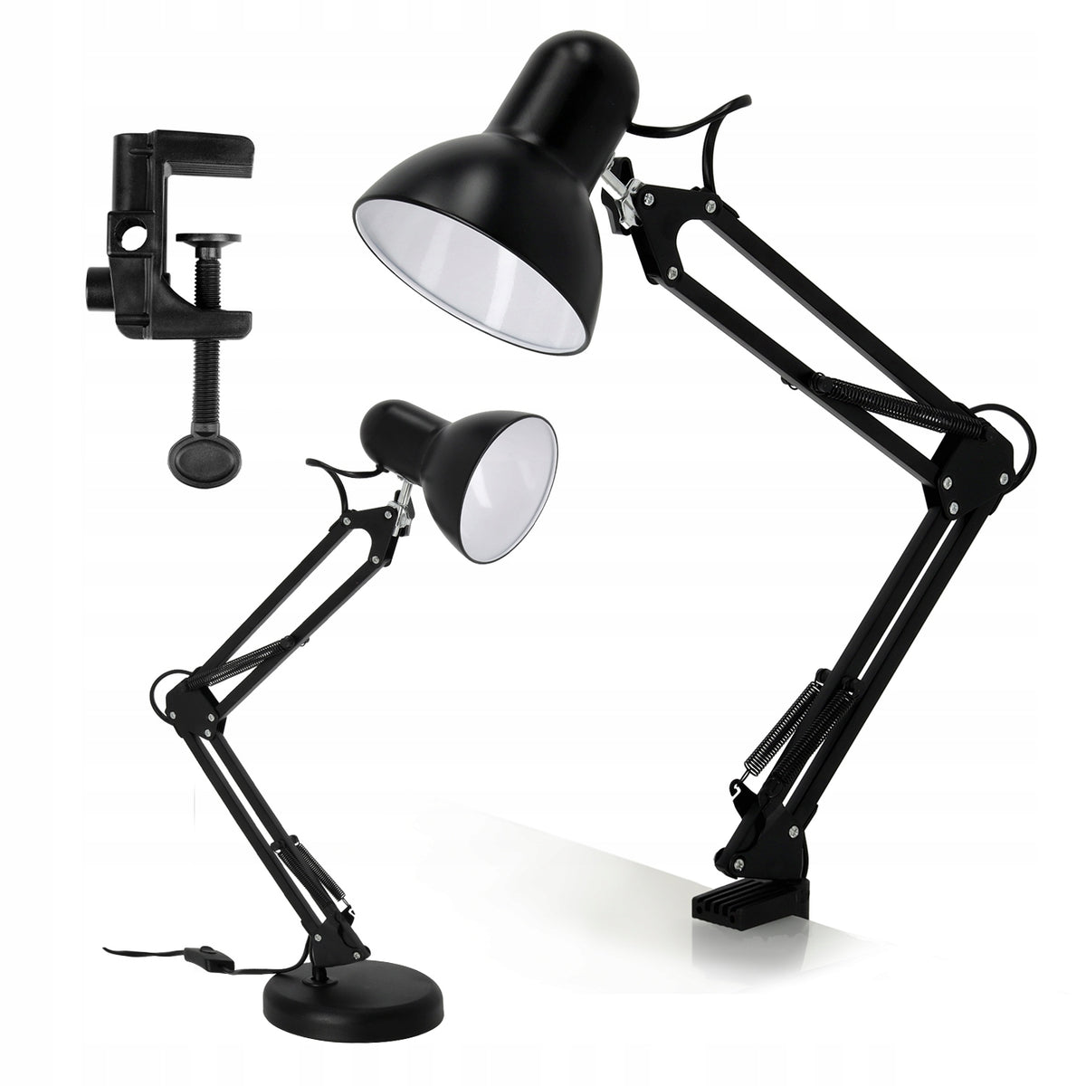 Lampka Biurkowa Kreślarska Szkolna 2w1 CZARNA 1xE27 60W Regulowana Metalowa lampa do czytania nauki i pracy z ruchomym