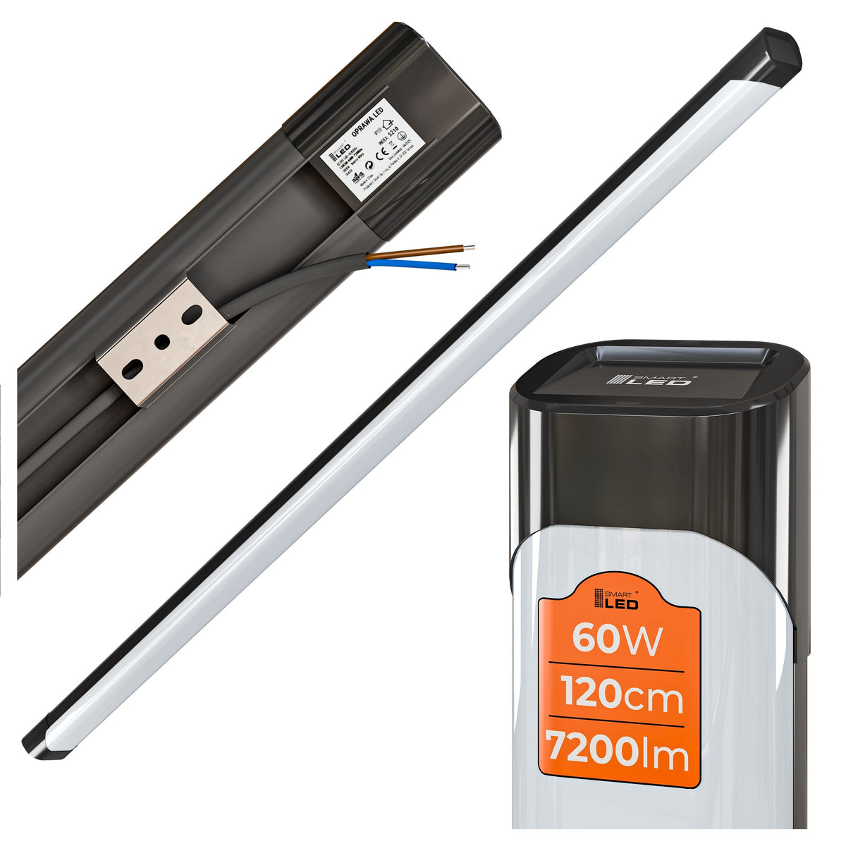 Lampa Sufitowa LED Do Garażu IP65 60W 120cm Warsztatu Oprawa Hermetyczna plafon prostokątny czarny, neutralna biel