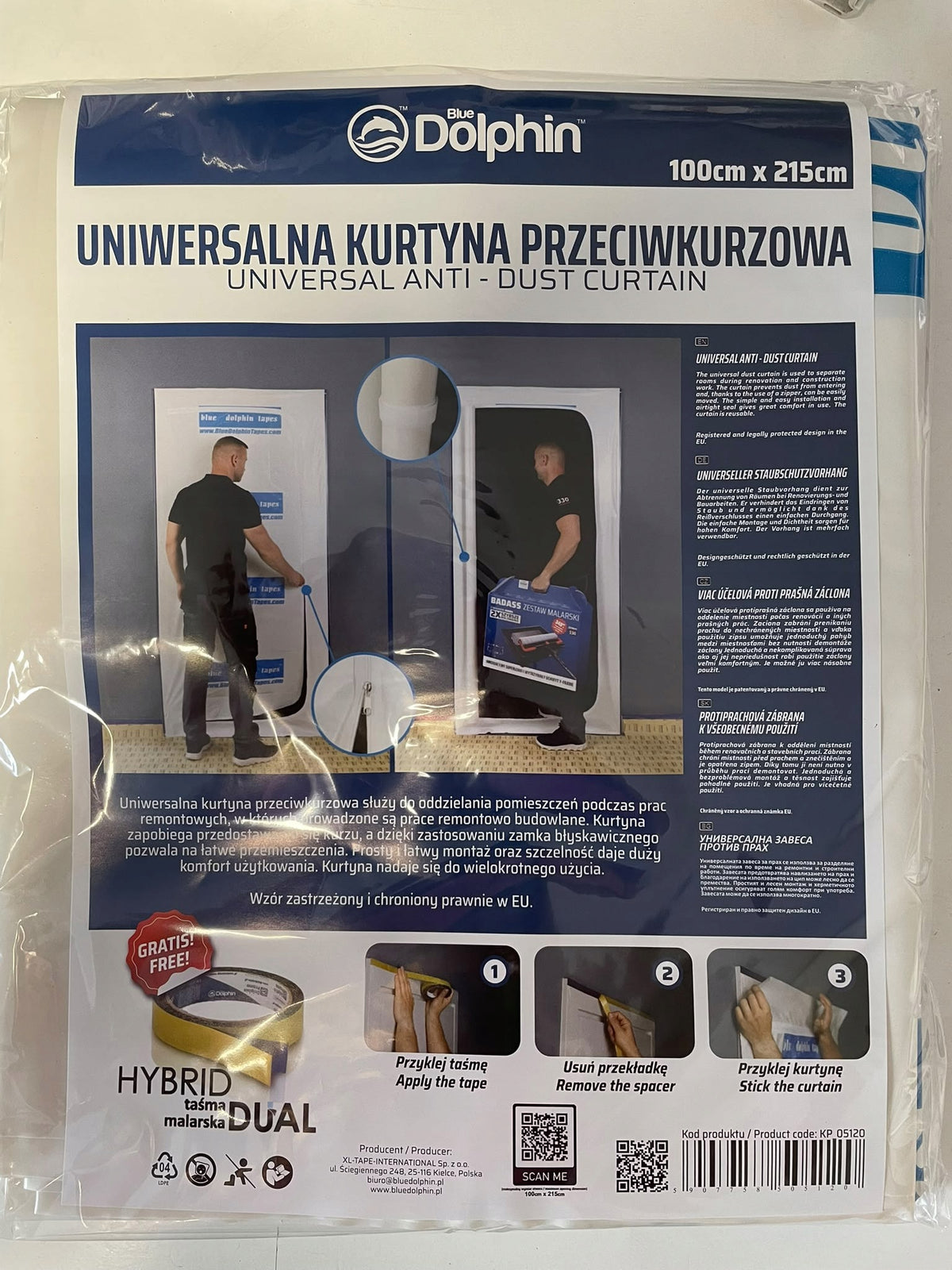 Kurtyna przeciwpyłowa Blue Dolphin 100 x 215 cm foliowa przegroda remontowa z zamkiem błyskawicznym do zabezpieczenia