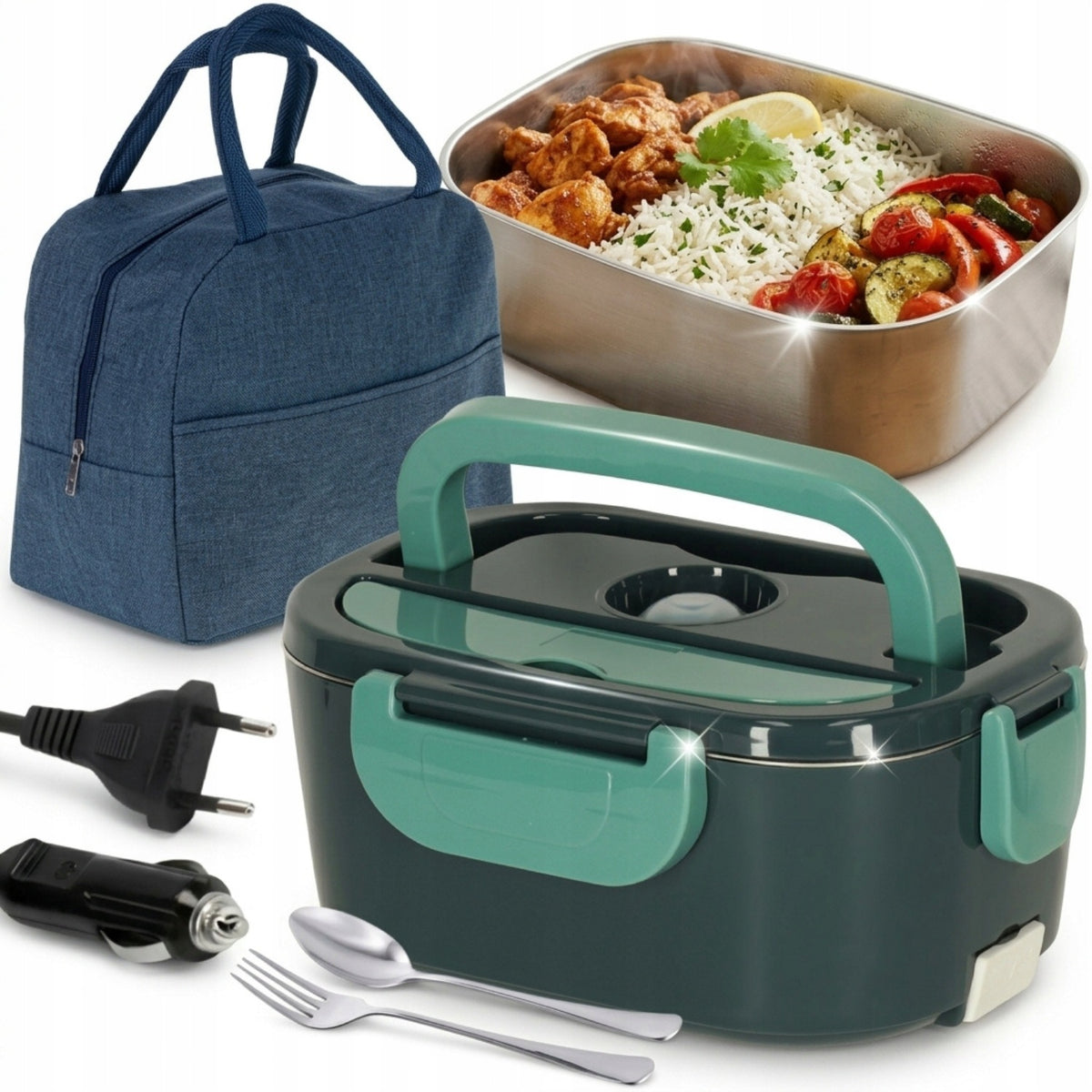Elektryczny lunchbox pojemnik podgrzewacz obiadu do auta + torba termiczna na posiłki do pracy i szkoły 1,5 l metalowy