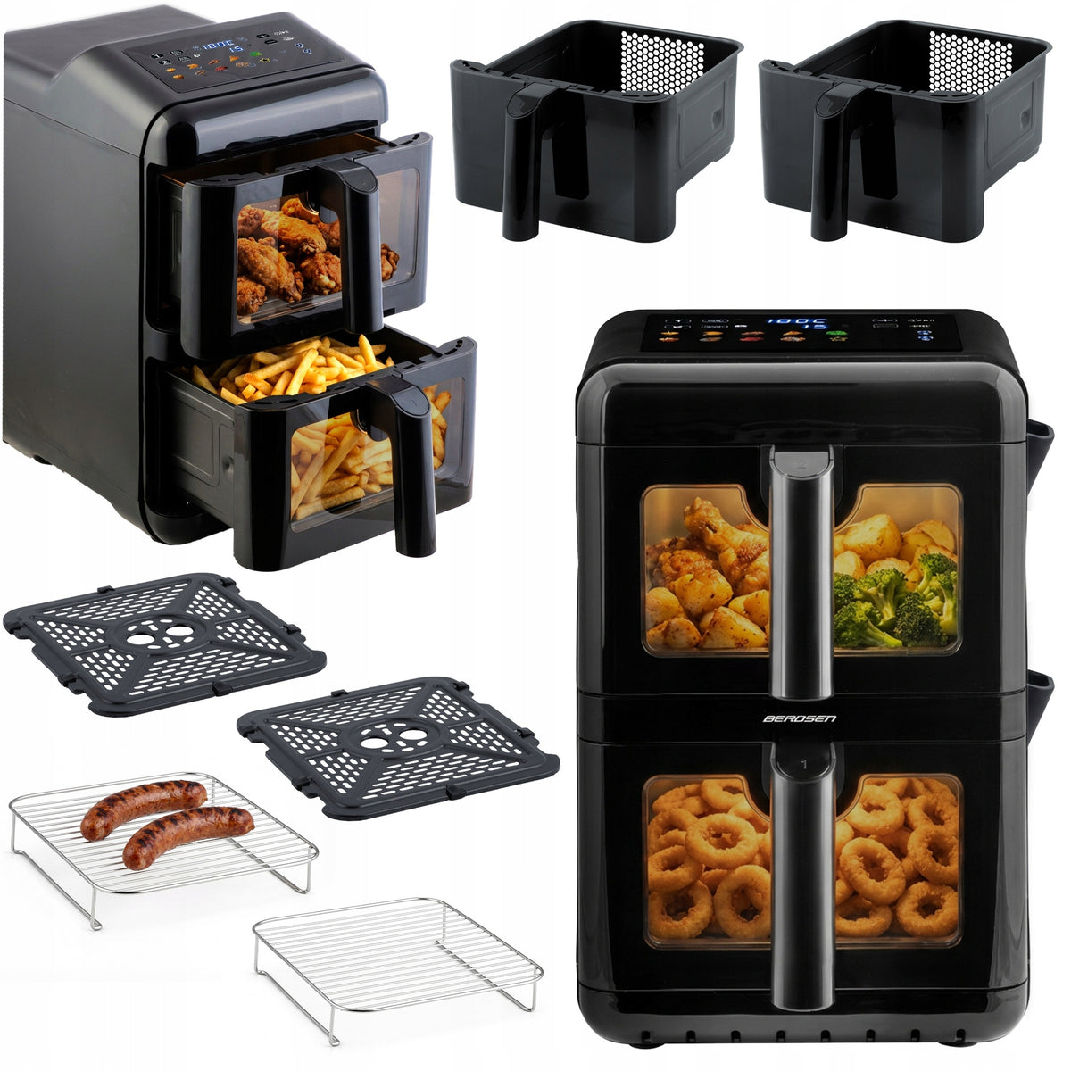 Frytkownica beztłuszczowa dwukomorowa pionowa 11,6l AIR fryer berdsen 3000W czarny