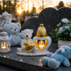 ZNICZ FIGURKA NAGROBNA Złoty Miś Serce Lampka LED Latarenka GRÓB DZIECKA ozdoba cmentarna, lampion, wysokość 22 cm