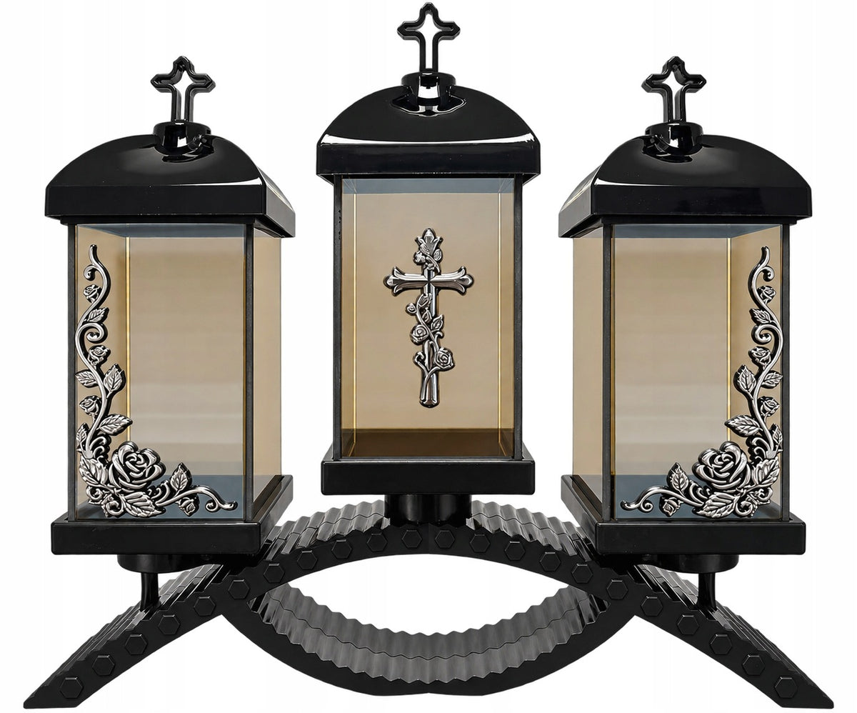 Duży Znicz szklany potrójny 39 cm lampion nagrobny LED, dekoracja na grób i cmentarz, złoty