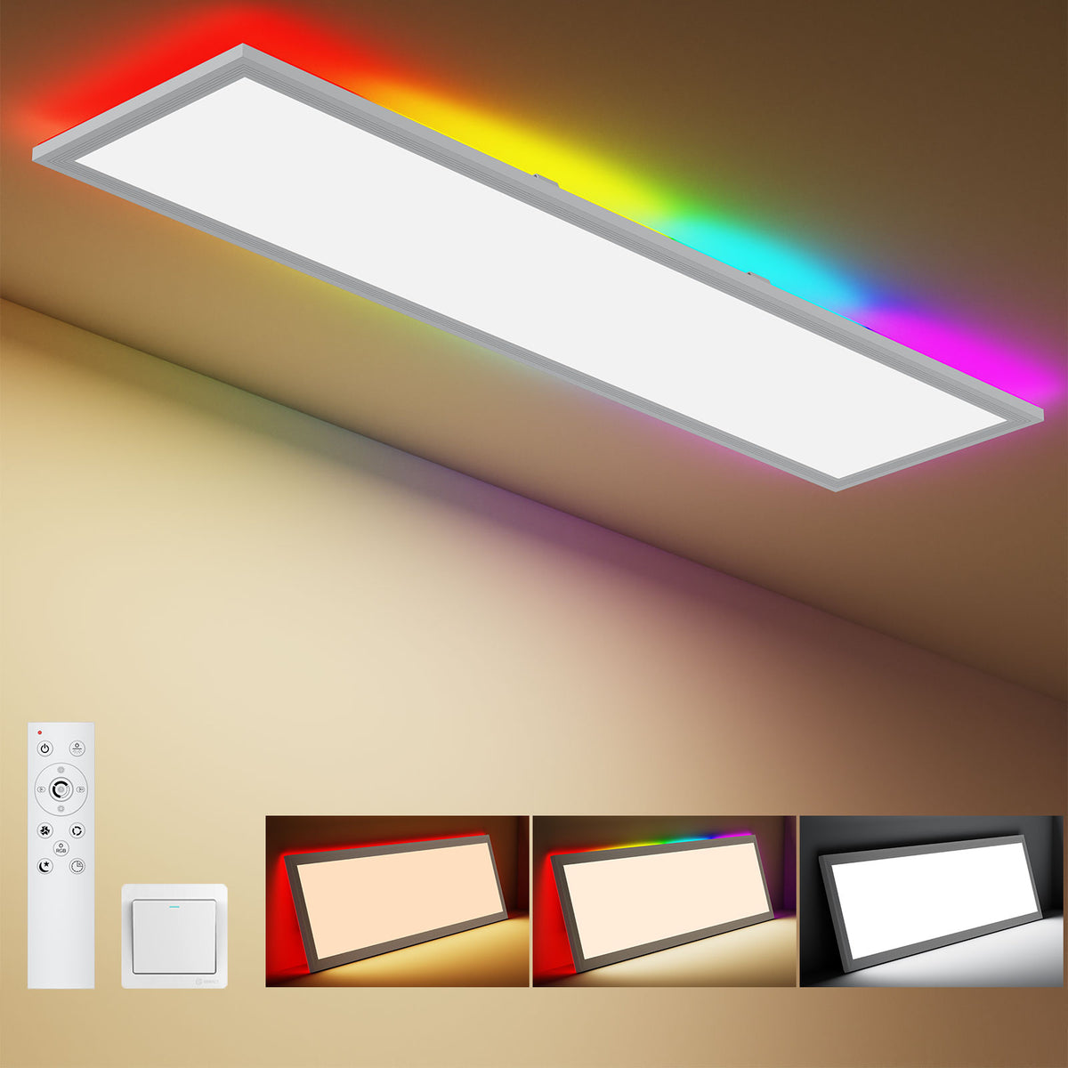 Panel LED natynkowy plafon Lampa sufitowa 30W+4W 100x25cm biały+Tylna RGB prostokątna oprawa z wbudowanym źródłem