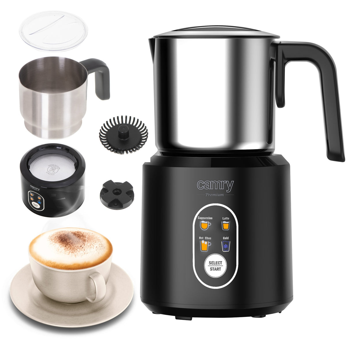Spieniacz do mleka elektryczny podgrzewacz kawy pianka latte 350ml 4 tryby czarny dzbanek 1000 w zasilanie sieciowe