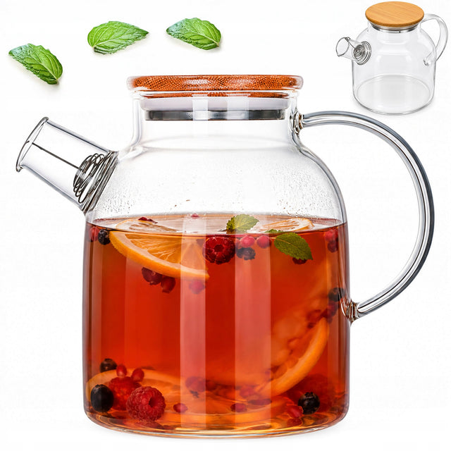 Szklany Dzbanek z Metalowym Sitkiem i Pokrywą do Herbaty Ziół Napojów 1,8l naczynie z filtrem, lemoniada, kompot, woda