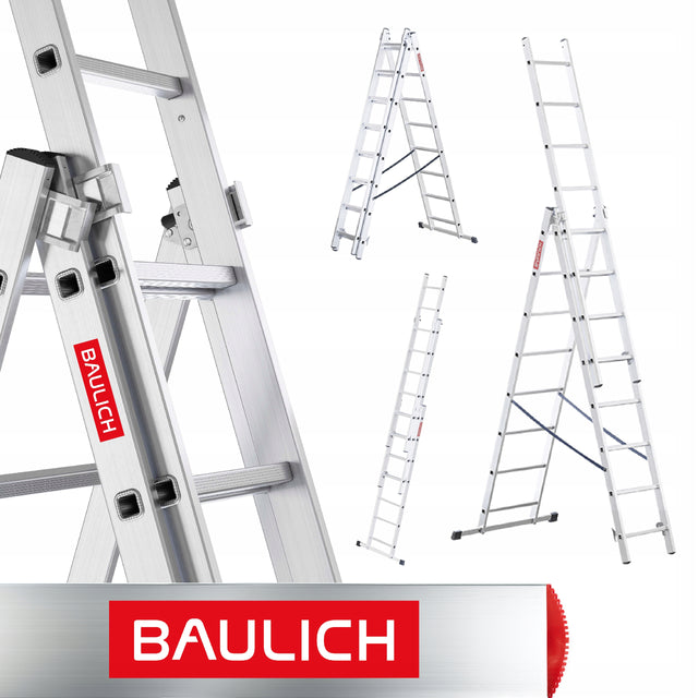 Drabina aluminiowa 3x8 wielofunkcyjna uniwersalna 150kg baulich hak do prac na wysokości, remontów i budowy, wysokość robocza 4,97 m