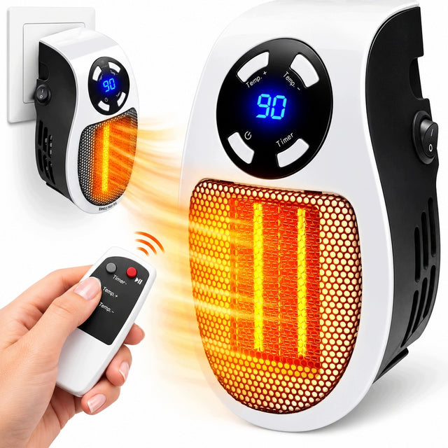 Mini grzejnik elektryczny do gniazdka farelka handy heater z pilotem ogrzewacz ceramiczny, termowentylator, termostat, timer, 2 poziomy mocy