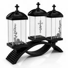 Duży Znicz Premium Potrójny Czarny Srebrny 39cm Krzyż Róże Na Grób Efekt 3D lampion led cmentarny, dekoracja nagrobna