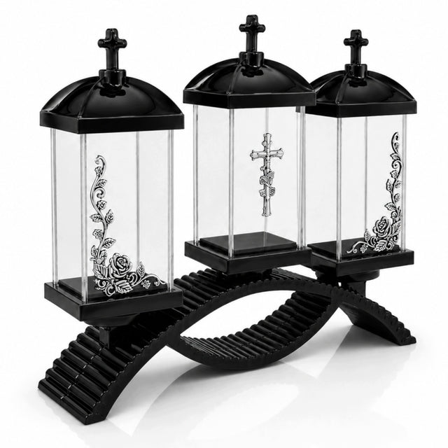 Duży Znicz Premium Potrójny Czarny Srebrny 39cm Krzyż Róże Na Grób Efekt 3D lampion led cmentarny, dekoracja nagrobna