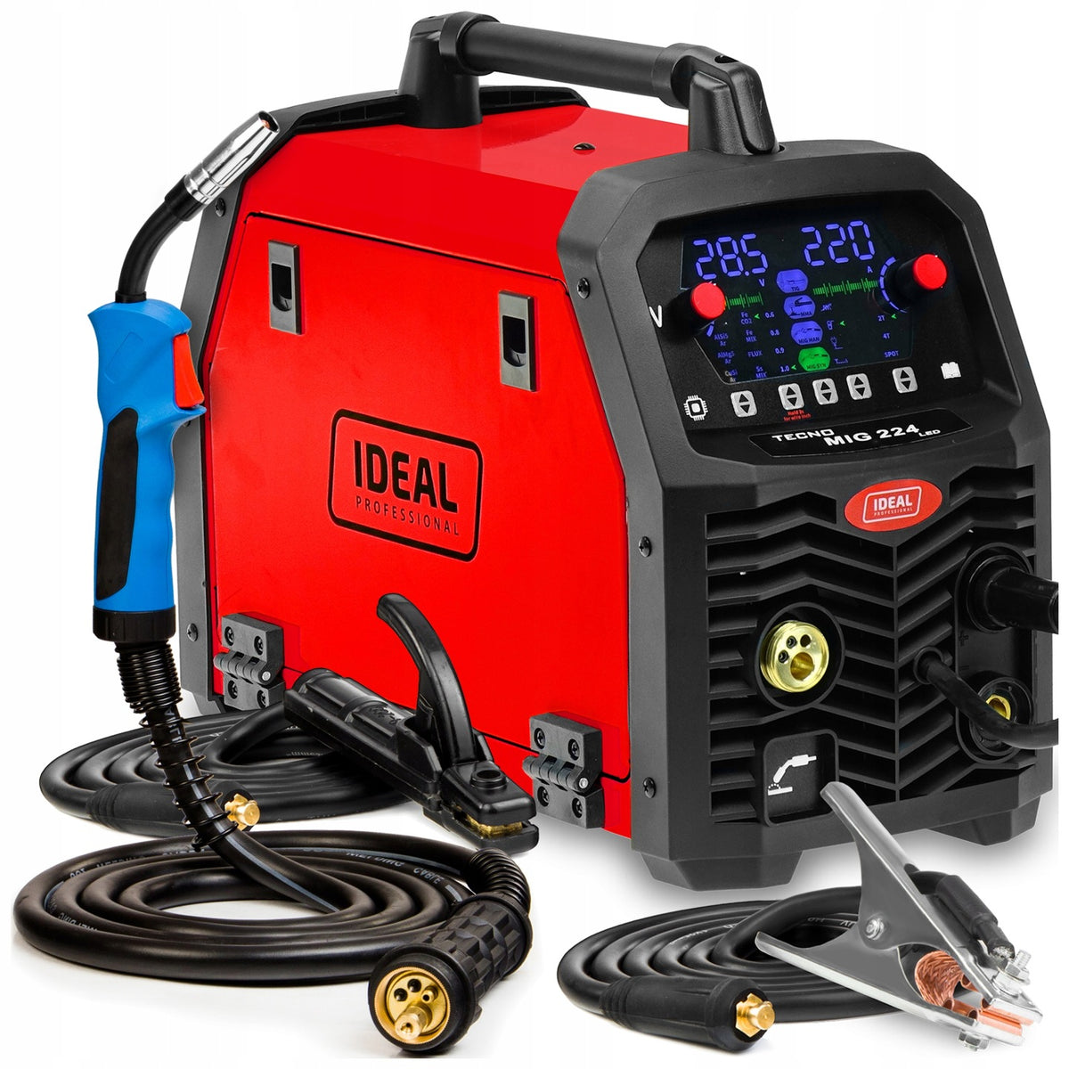 Spawarka migomat ideal tecno MIG 224 synergic LED 4X4 MMA TIG aluminium półautomat spawalniczy 230 V, drut 0,6–1,0 mm