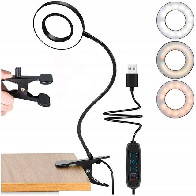 Lampka LED pilot USB ring giętka biurkowa z klipsem do czytania nocna 12W lampa stołowa ściemniana czarna 52 cm