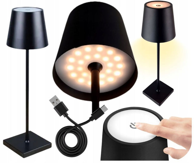 Lampa lampka LED nocna stołowa biurkowa USB akumulator bezprzewodowa czarna oświetlenie metalowe do sypialni i salonu, wysokość 39 cm